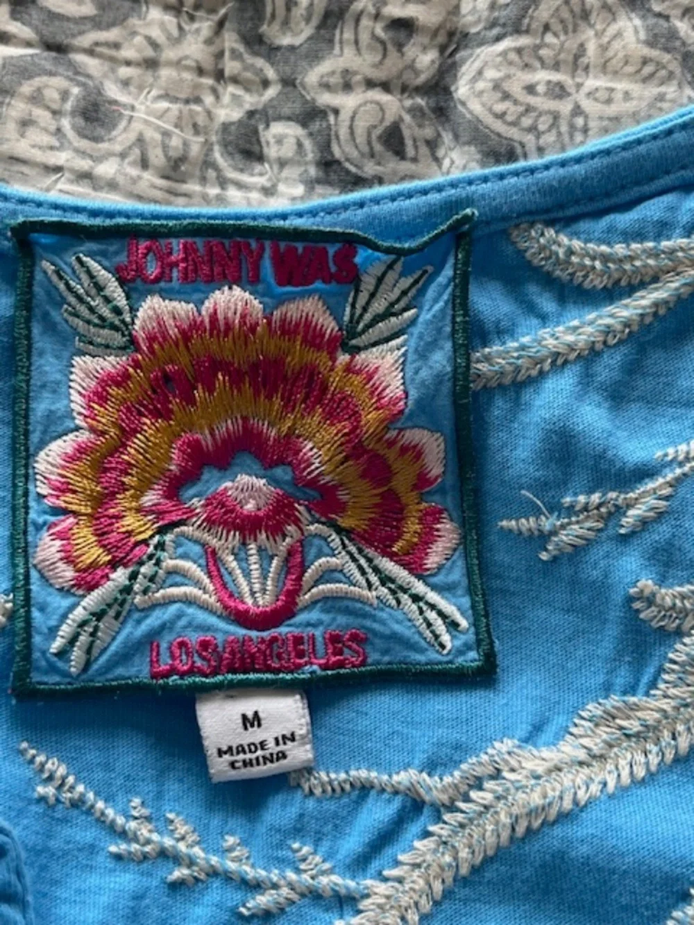 Johnny Was Blue Cotton Knit Embroidered Tiered Midi Dress SzM Boho Resort Beach - Picture 6 of 10